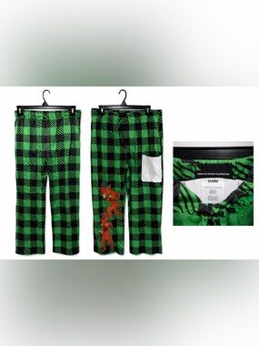 Men's Green and Black Plaid Pajama Pants with Red Fox Graphic